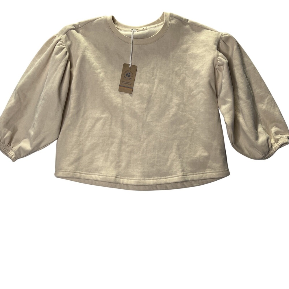 Marine‎ Layer Organic Cotton Puff Sleeve Crop Top Cream Sustainable Sweatshirt